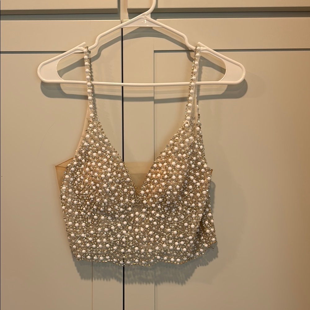 David Bridal Elegant Pearl Embellished Cream Top